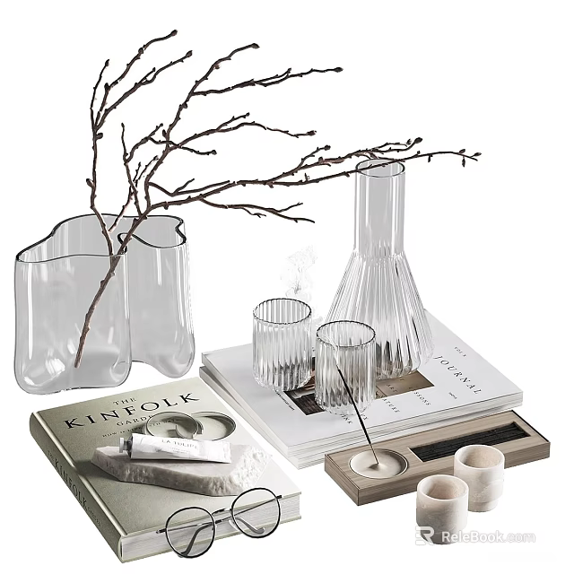 Minimalist Decorative Ornament Set With Clear Vases Branches Glass Cups Books And Candles 3d model 