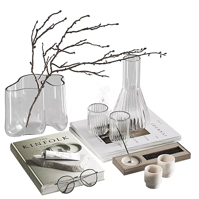 Minimalist Decorative Ornament Set With Clear Vases Branches Glass Cups Books And Candles 3d model