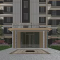 Modern Residential Building Entrance With Glass Door Green Trees And Stone Pathway
