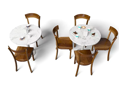 Round Marble Top Dining Table and Chair Set With Four Wooden Backrest Chairs 3d model