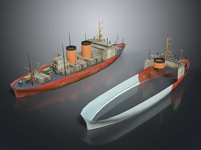 Detailed Ship Models Showing Complete Vessel And Cross Section With Red Hull And White Structure 3d model