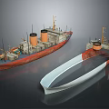 Detailed Ship Models Showing Complete Vessel And Cross Section With Red Hull And White Structure