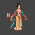 Historical Chinese Female Character In Traditional Costume With Blue Ribbons And Yellow Lantern