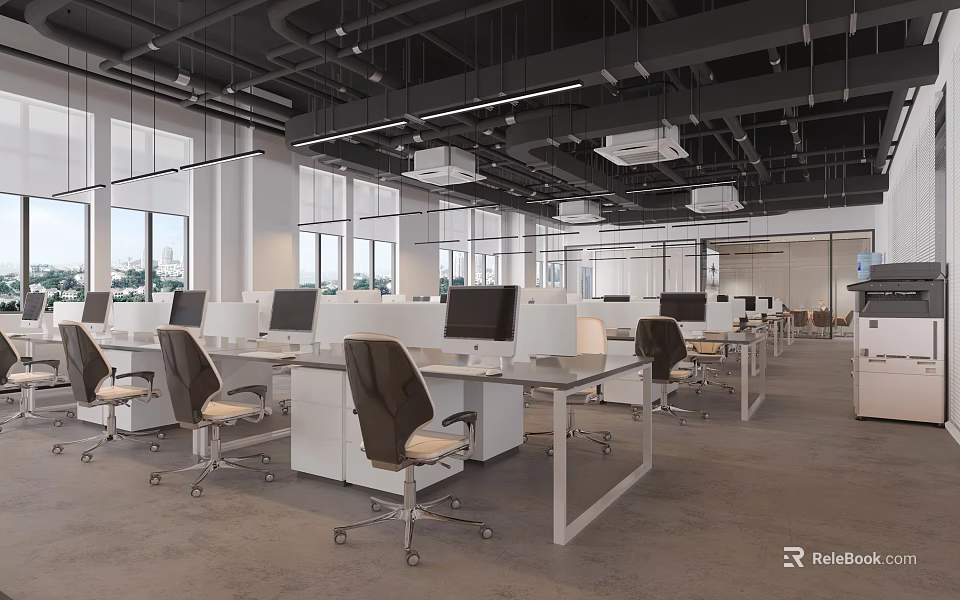 Modern Public Office Space With Desks Computers Office Chairs And Large Windows 3d model