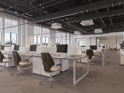 Modern Public Office Space With Desks Computers Office Chairs And Large Windows 3d model