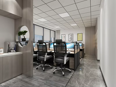 Modern Public Office Space Interior With Workstations Ergonomic Chairs Large Windows And Decorative Paintings 3d model