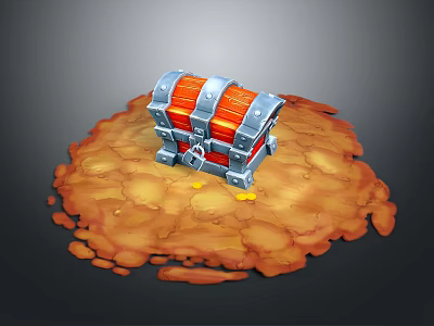 Red And Silver Storage Chest On Sandy Surface With Gold Coins 3d model