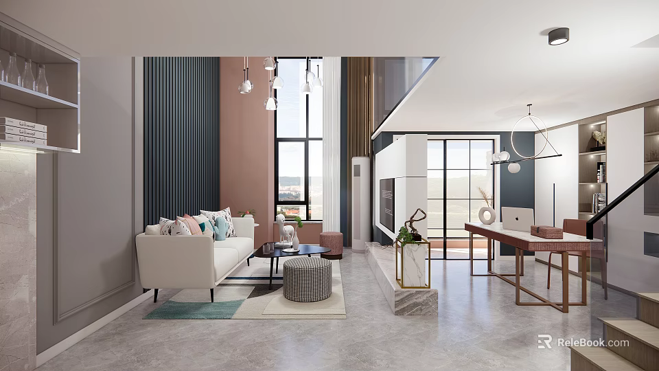 Modern Apartment Interior Design With White Sofa Throw Pillows Coffee Table And Window 3d model 