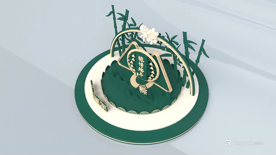 Traditional Green Circular Decorative Ornament With Bamboo Stems And Flower Accents 3d model 