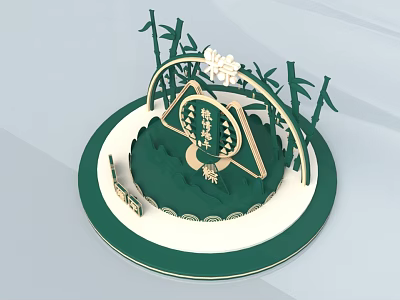 Traditional Green Circular Decorative Ornament With Bamboo Stems And Flower Accents 3d model