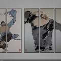 Traditional Chinese Figure Paintings On Multi Panel Screen Featuring Dynamic Characters And Calligraphy Inscriptions