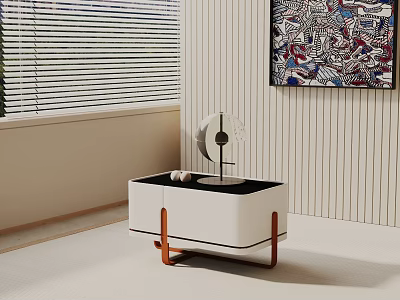 White Side Table With Wooden Legs Black Top Near Wall Vertical Stripes And Colorful Painting 3d model