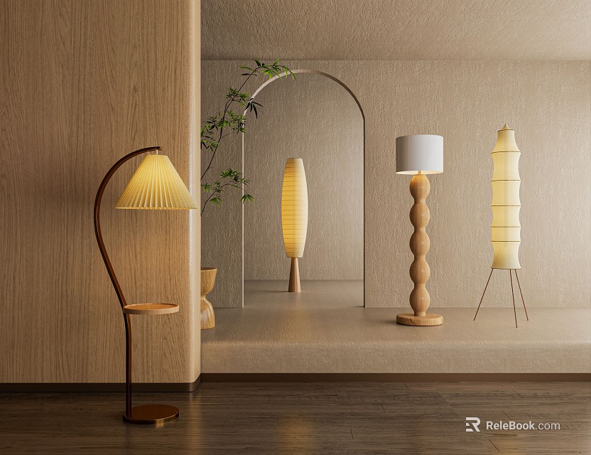 Modern Floor Lamp Designs With Wooden Elements And Lampshade In Archway Interior With Plant 3d model 