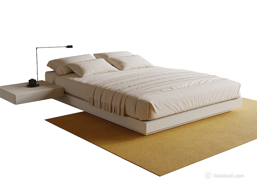 Beige Single Bed With Striped Bedspread Pillows Side Table Lamp And Rug 3d model