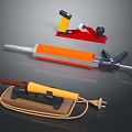 Hardware Tools Orange Caulk Gun Red Wood Plane And Yellow Soldering Iron On Brown Base