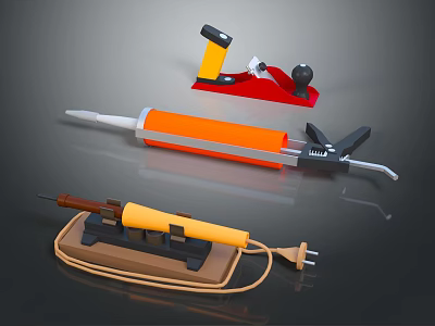 Hardware Tools Orange Caulk Gun Red Wood Plane And Yellow Soldering Iron On Brown Base 3d model