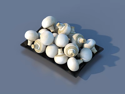 Fresh White Mushrooms Arranged On Black Square Serving Plate 3d model