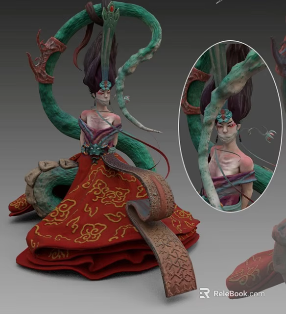Game and Movie Character With Fantasy Design Elaborate Headdress Green Tentacle Accessories Red Patterned Dress 3d model 