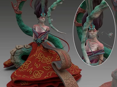 Game and Movie Character With Fantasy Design Elaborate Headdress Green Tentacle Accessories Red Patterned Dress 3d model