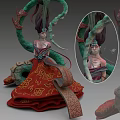 Game and Movie Character With Fantasy Design Elaborate Headdress Green Tentacle Accessories Red Patterned Dress