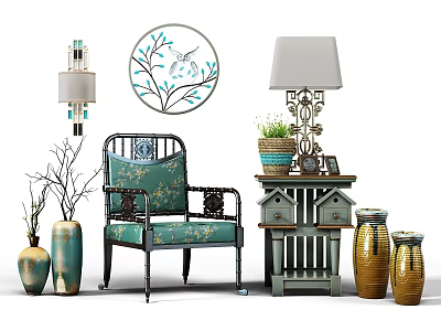 Blue Patterned Single Sofa in Traditional Style with Round Decorative Painting Table Lamps and Vases 3d model