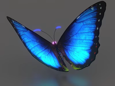 Flying Blue Butterfly With Shimmering Blue Wings And Glowing Purple Spots On Gray Background 3d model