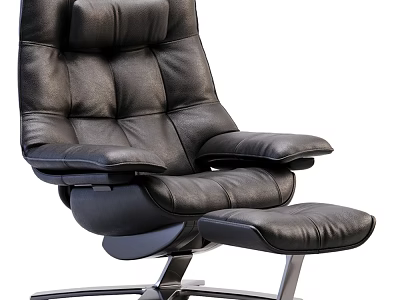 Comfortable Black Leather Recliner Chair with Ottoman and Metal Base 3d model