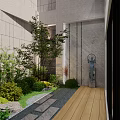 Beautiful Courtyard Garden With Lush Plants Trees Stone Path And Soft Lighting