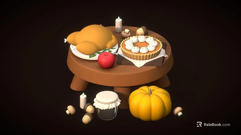 Traditional Thanksgiving Food Spread With Roast Chicken Pumpkin Pie Apple And Pumpkin On Wooden Table 3d model 