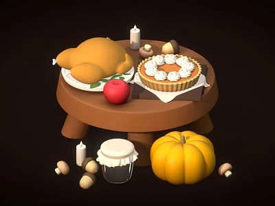 Traditional Thanksgiving Food Spread With Roast Chicken Pumpkin Pie Apple And Pumpkin On Wooden Table 3d model