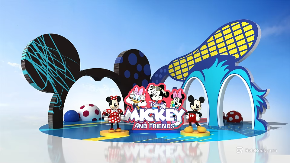 Mickey and Friends Themed Photo Check in Spot With Colorful Arch Decorations And Cartoon Statues 3d model 