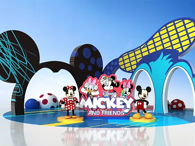 Mickey and Friends Themed Photo Check in Spot With Colorful Arch Decorations And Cartoon Statues 3d model
