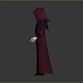 Man In Hooded Dark Red Robe With Purple Collar Standing Against Gray Background