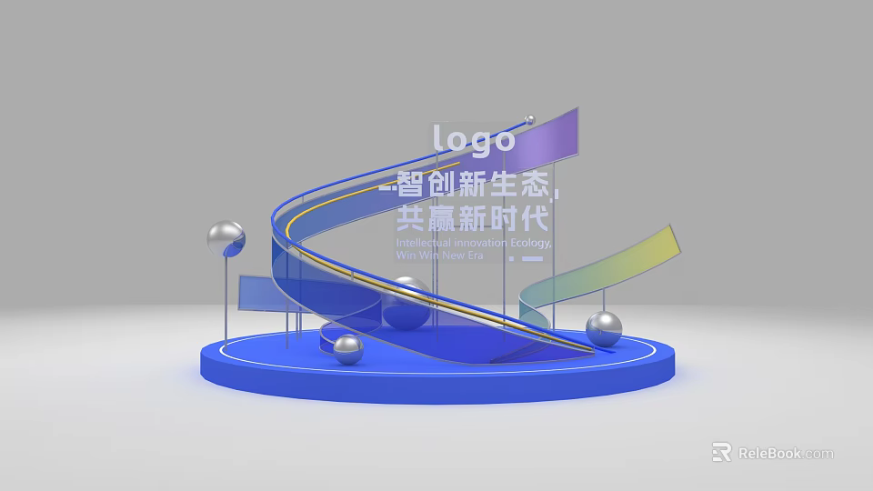 Modern Photo Check In Spot Featuring Logo Innovation Silver Spheres And Colorful Curved Design 3d model 