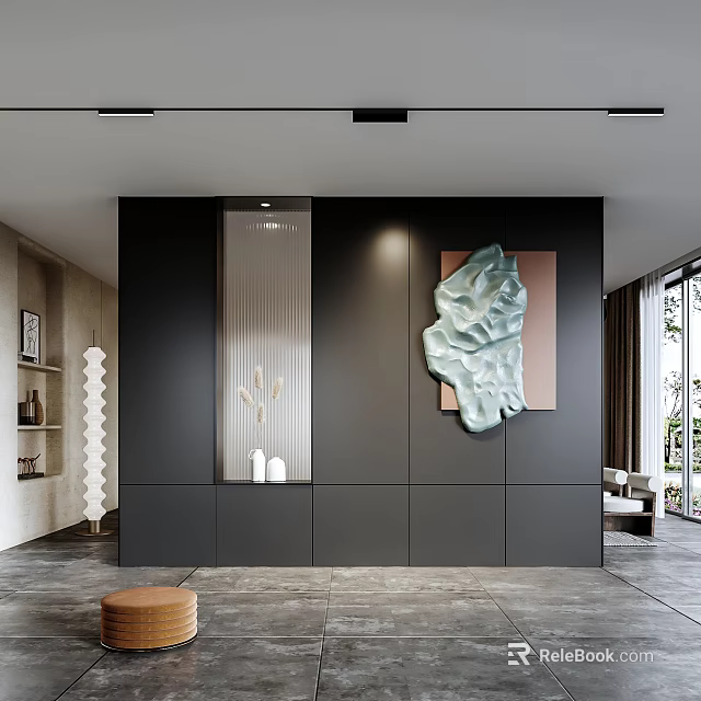 Modern Interior Black Wall Featuring Stylish Light Blue Wave Shaped Wall Decor And Accents 3d model 