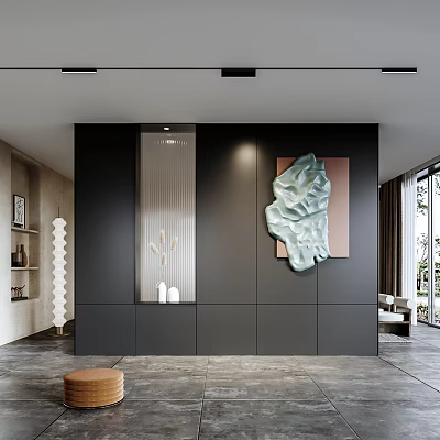 Modern Interior Black Wall Featuring Stylish Light Blue Wave Shaped Wall Decor And Accents 3d model