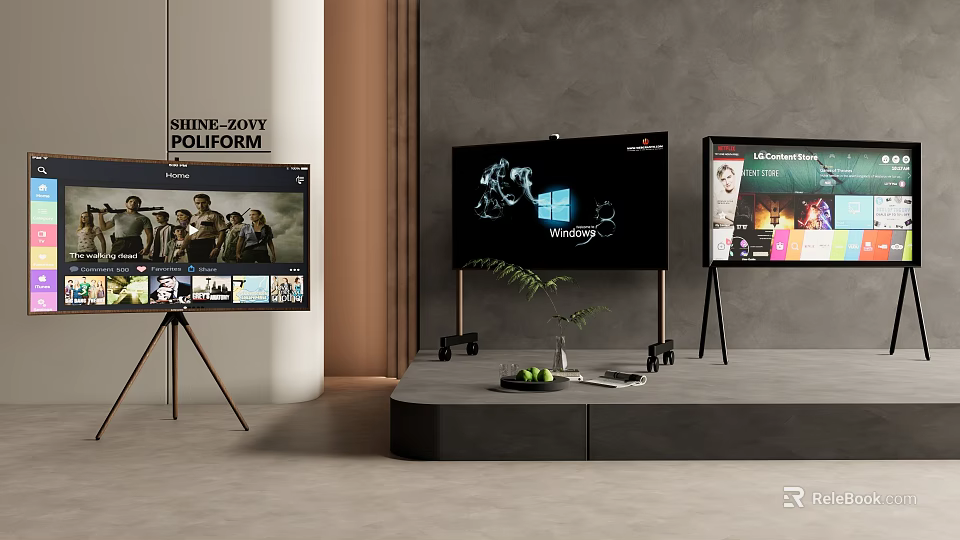 Modern Interior With Three TVs On Tripods And Platform Displaying Media Content 3d model 