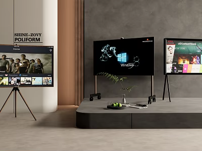 Modern Interior With Three TVs On Tripods And Platform Displaying Media Content 3d model