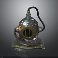 Vintage Metallic Diving Helmet With Circular Glass Window Leather Hose And Base Stand