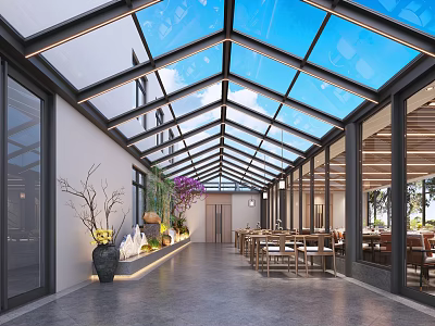 Modern Restaurant Interior With Glass Roof Open Space Wooden Tables Green Plants And Natural Light 3d model
