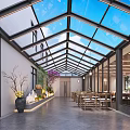 Modern Restaurant Interior With Glass Roof Open Space Wooden Tables Green Plants And Natural Light