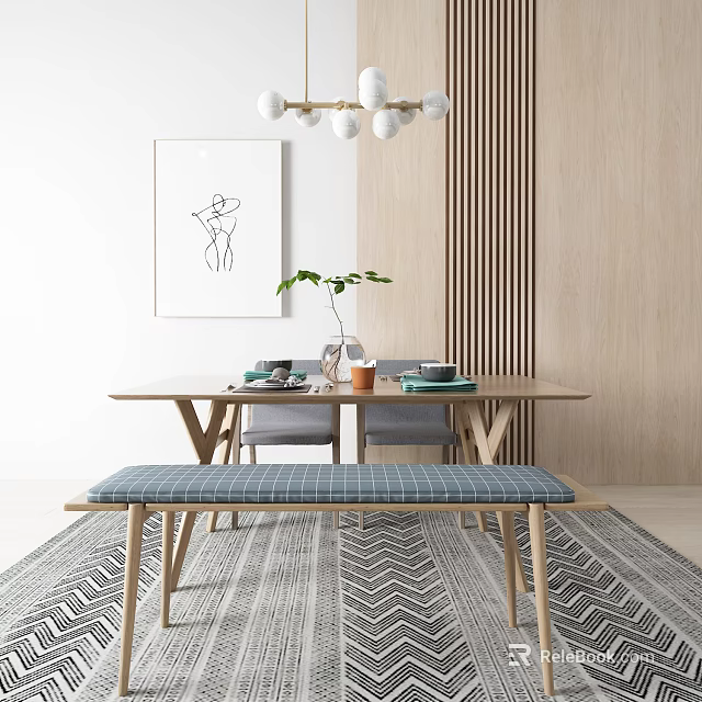 Minimalist Dining Table Set With Bench Chairs Pendant Lights Wall Art And Wooden Wall 3d model 