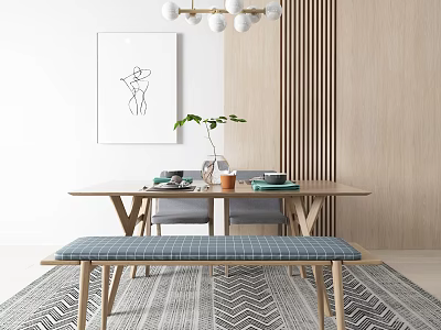 Minimalist Dining Table Set With Bench Chairs Pendant Lights Wall Art And Wooden Wall 3d model