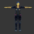 3D Female Character Model in Black and Yellow Outfit with Arms Outstretched Standing Pose