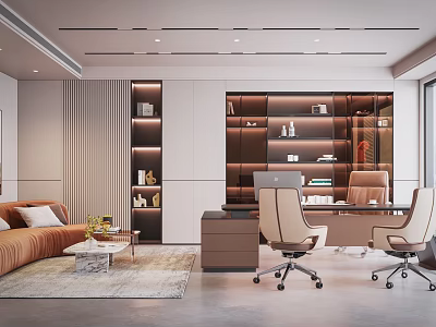 Modern Office Interior Design With Sofa Coffee Table Bookshelves Desk And Office Chairs 3d model