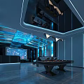 Stylish Modern KTV Interior Design With Blue Ambient Lighting Comfortable Sofa Seats And Bar Counter