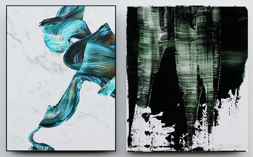 Abstract Art Paintings With Turquoise Flowing Lines White Marble Black Green Vertical Strokes White Splatters 3d model 