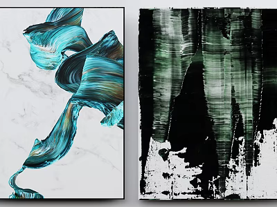 Abstract Art Paintings With Turquoise Flowing Lines White Marble Black Green Vertical Strokes White Splatters 3d model