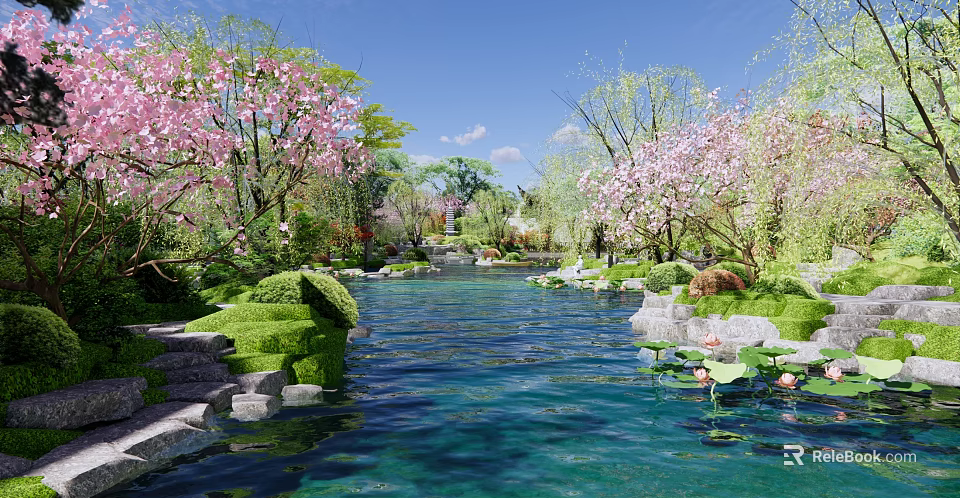 Natural Rockery Stones In Serene Garden With River Lotus Flowers And Blooming Trees 3d model 