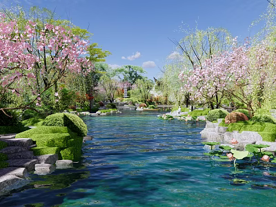 Natural Rockery Stones In Serene Garden With River Lotus Flowers And Blooming Trees 3d model